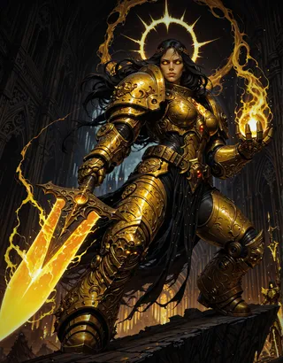 Female warrior in detailed golden power armor with glowing eyes holding a fiery spear, standing in a gothic cathedral with dramatic lighting and ethereal aura.