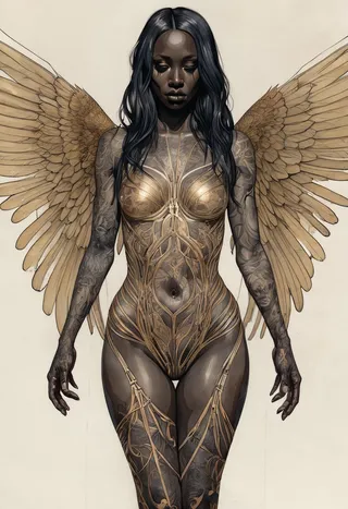 Highly detailed illustration of a tattooed black woman with perfect skin, wearing transparent golden gothic clothing and large golden wings, posed serenely with eyes closed on a neutral background.