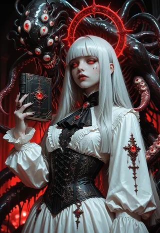 A white-haired girl with red glowing eyes dressed in an intricate black and gold corset and white dress holds a dark book while an eldritch abomination with multiple red eyes and black tentacles looms behind her under dark red lighting.