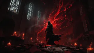 A hooded figure stands in a dim, crumbling cathedral surrounded by flickering candles and swirling dark red mist with shattered stained glass windows in the background.