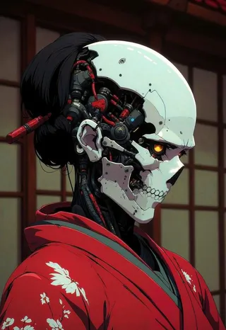 An android geisha wearing a red kimono with white floral patterns, her plastic cyborg mask partially open revealing intricate mechanical and robotic skull parts inside, set against an eerie Japanese teahouse background.