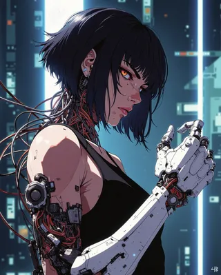 Digital portrait of a determined female cyborg with short dark hair, intense amber eyes, cybernetic enhancements including a white robotic arm, cables around neck and spine, set against a blurred cyberpunk city background.
