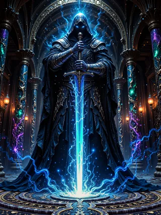 A towering hooded lich clad in symmetrical ornate knight armor stands in an ancient marble grand hall, holding a glowing blue flaming greatsword that emits magical vapors.