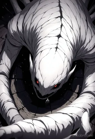 Close-up view from above of a giant faceless eldrich monster with glowing red eyes emerging from broken terrain, surrounded by shadows.