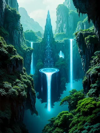 A cinematic science fiction landscape featuring a vast alien jungle basin surrounded by towering cliffs, glowing waterfalls, and a floating, bowl-shaped lake with ancient, luminescent ruins embedded in the cliffs.