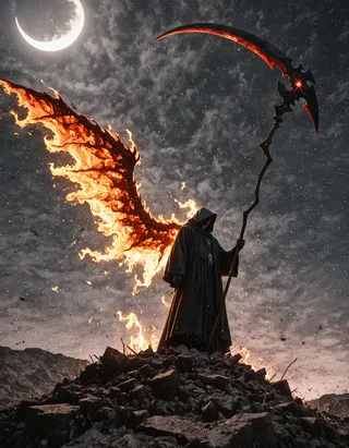 Grim Reaper standing on rocky terrain under a large crescent moon with a single huge fiery wing, holding a glowing scythe against a swirling dark night sky.