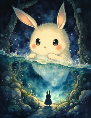 A giant fluffy bunny with large eyes and pink cheeks emerging over a sparkling water surface in a mystical forest at night, with a smaller bunny silhouette below.