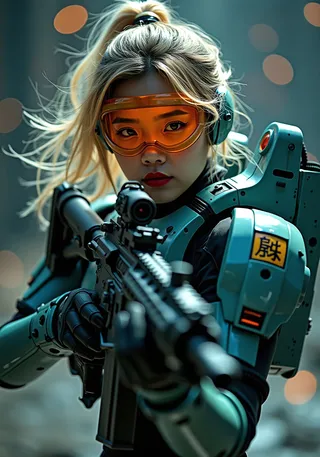 Photorealistic close-up of a sci-fi soldier with blonde hair in teal power armour, wearing an orange-tinted HUD visor, aiming an assault rifle with perfect grip, against an abstract dark bokeh background.