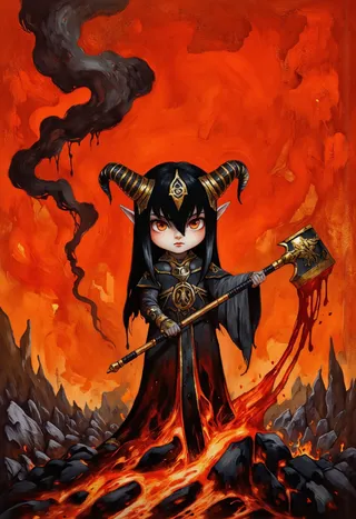 A chibi demon general with black hair and golden horns stands on a charred battlefield with lava flowing around her, holding a blood-dripping oversized axe against a blood-orange sky with black thunderclouds.