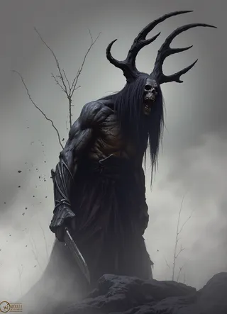 해골 가면과 크고 뿔이 돋은 뿔 모양을 쓴 근육질 악마 전사가 안개 낀 황량한 환경에 서 있는 다크 판타지 묘사.