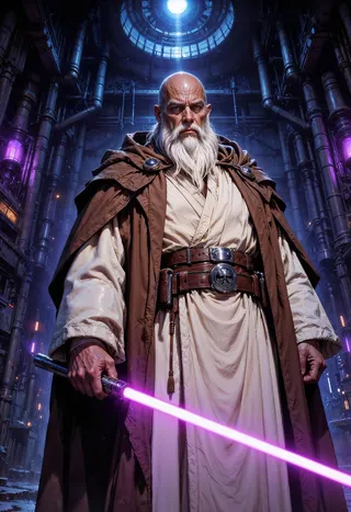 A balding, bearded Jedi in white and brown robes holds a glowing purple lightsaber in an industrial, cyberpunk-style environment with neon lights.