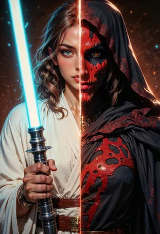 Split-image portrait of a female force wielder with one side as a noble Jedi in white robes holding a blue lightsaber, and the other side as a dark Sith in black cloak with red markings and a red lightsaber.