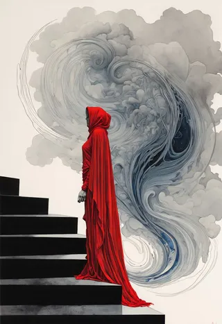 Figure draped in a vibrant red shawl standing on black stairs with swirling gray and blue abstract patterns in the background.