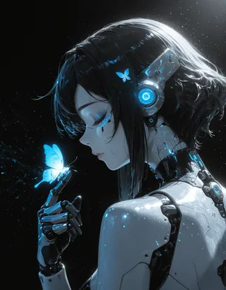 Close-up profile of a female android with pale synthetic skin, integrated mechanical structures, glowing blue lights, and a blue butterfly perched on her robotic hand against a dark background.