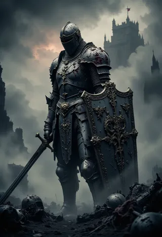 A hyper-realistic dark knight clad in intricate battle-worn armor, holding a large ornate shield and sword, standing amidst a shadowy battlefield with a gothic castle in foggy background.