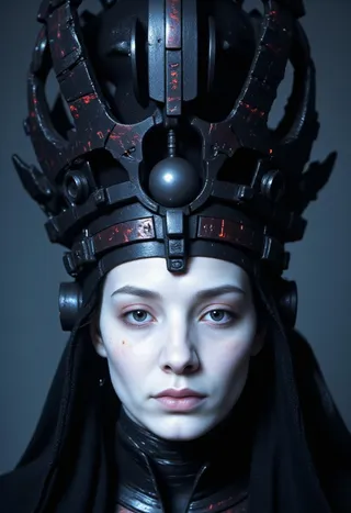 Hyper-realistic digital portrait of a cybernetic Egyptian goddess with pale biomechanical skin and an imposing obsidian crown featuring glowing red and violet fissures and a levitating dark sphere.