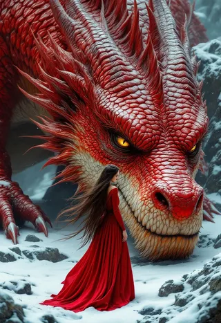 A highly detailed CGI showing a giant red dragon with textured scales and yellow eyes looking down at a woman wearing a flowing red gown standing on snowy rocky ground.