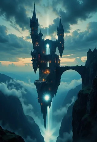 An ancient castle with towering spires and glowing windows juts out impossibly from a jagged cliff, surrounded by dense clouds and a surreal sunset sky in blue and turquoise tones.