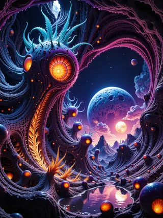 A vibrant alien cavern showcasing bioluminescent plants with fractal geometry shapes, glowing orange and purple tendrils, under a starry sky with moons.