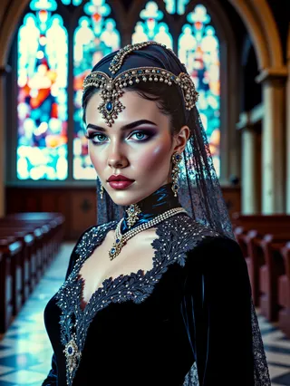Portrait of a young gothic woman with intense blue eyes wearing a black velvet gown with silver embroidery and pearl jewelry, in front of stained glass windows inside a cathedral.