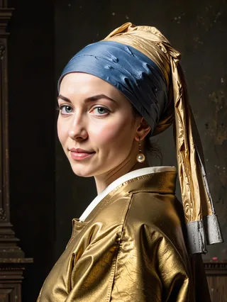 Portrait of a young woman in the Dutch Golden Age style wearing a blue and yellow turban and a large pearl earring, depicted with soft, realistic lighting and a dark muted background.