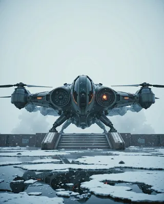 Vaisseau spatial VTOL gunship dans le style CKSX atterrissant sur une plateforme au milieu d'une tempête de neige avec de la neige et de la glace visibles au sol.