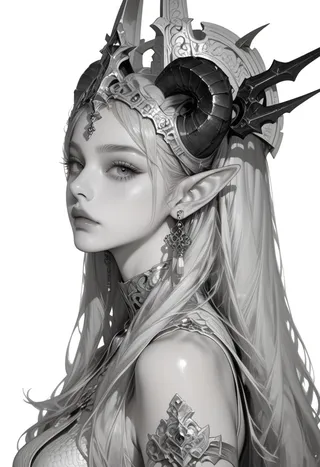 A monochrome detailed portrait of an elf girl with long white hair, pointy ears, wearing a horned crown and intricate jewelry, facing sideways.