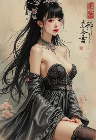 Retrato de uma princesa oriental com cabelo preto corvo usando um vestido de seda preto, tiara, colares, gargantilha e meias até a coxa, renderizado em estilo fotorealista de arte em tinta.