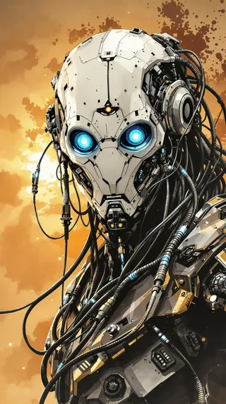 Detailed battle android with a white faceplate, glowing blue optical sensors, and chrome wires, set against a warm sunset with sepia background.