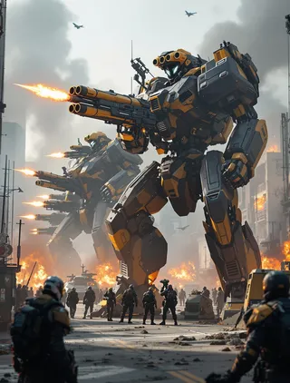 Mechas enormes pretos e amarelos armados com lançadores de foguetes disparando em meio a uma batalha de rua futurista com soldados, explosões e veículos militares.