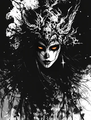 Arte em tinta de alto contraste de uma mulher xamã com elmo temático de caveira, pintura facial preta e branca de caveira e olhos laranja brilhantes emergindo de um fundo escuro.