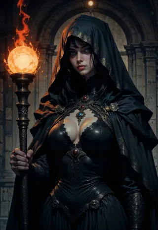 A dark fantasy scene of a woman in a black hooded cloak and intricate gothic gown holding a staff emitting a fiery glowing orb, standing in an ancient stone archway.