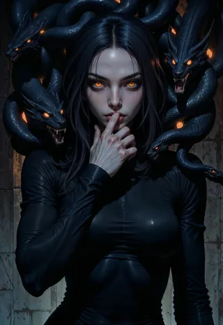Dark fantasy digital illustration of a mysterious woman with glowing orange eyes, pale skin, surrounded by dark serpentine creatures with glowing eyes.