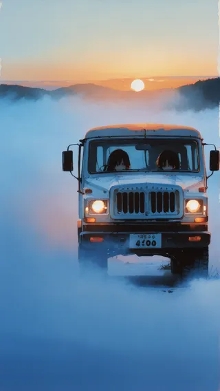 A painterly oil-style image depicting a white truck carrying two girls through a foggy landscape at sunrise, with mountain silhouettes in the background.