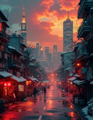 Winter urban street scene in Taipei with snow-covered buildings, neon lights glowing red and beige, wet reflective road, and a dramatic crimson sunset sky.