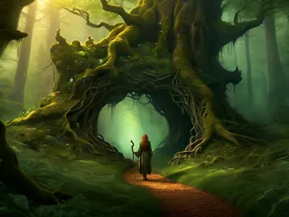 A mystical druid in a green robe walks towards an ancient tree with intertwined roots forming a glowing gateway in an enchanted forest filled with soft green light and vibrant fantasy colors.