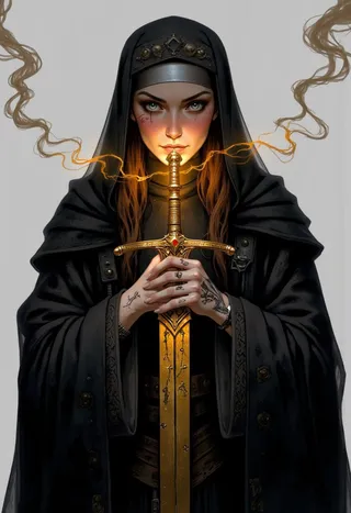 A fierce warrior nun in a dark cloak with tattoos grips a glowing golden sword, smoke swirling around her, her piercing gaze unwavering.