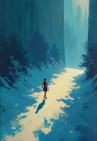 An Impressionist-style painting showing a solitary woman walking on a sunlit path surrounded by shadowy blue cliffs and trees, with rich depth and minimalist background.