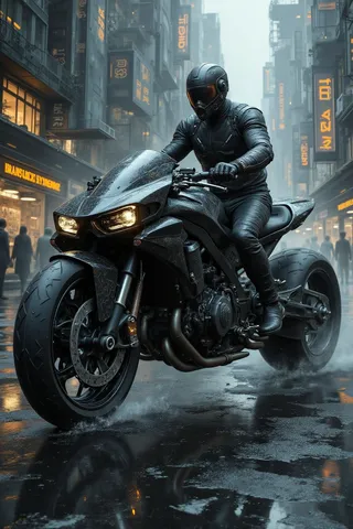 A black-armored rider on a large-wheeled futuristic super bike with shiny black paint, driving on a wet tarmac city street under early morning light with futuristic buildings.
