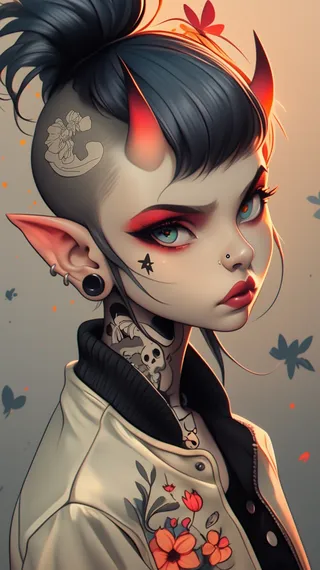 Ritratto di una femme fatale aliena con corna rosse, occhi azzurri, tatuaggi e una giacca ricamata floreale in stile sci-fi.