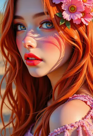 Photorealistic digital portrait of an ethereal woman with long flowing red hair, porcelain-like pale skin with warm blush, detailed psychedelic face painting, and pink flowers in her hair.