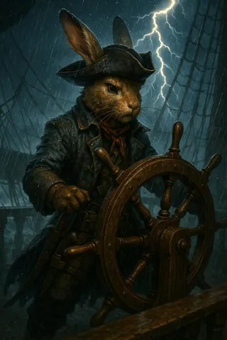 Un coniglio umanoide vestito con abiti pirata in pelle guida il timone di una nave di legno durante una tempesta con fulmini sullo sfondo e pioggia cadente.