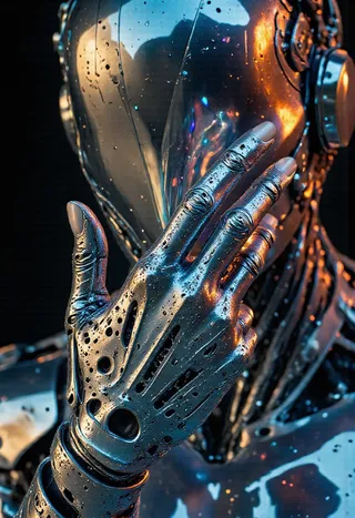 Close-up of a faceless android with a reflective, fractal-engineered metallic hand extending forward, accented by prismatic and bioluminescent light effects.