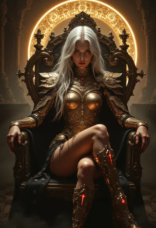 A powerful metal mage queen with long silver-white hair sitting confidently on an ornate gothic throne, wearing elegant gold and steel armor with red gemstone details, under a glowing circular arcane sigil halo.