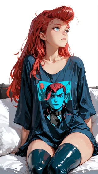 Digital illustration of a red-haired girl with a pompadour hairstyle and blue eyes, sitting on a large white pillow wearing a dark aquamarine oversized shirt and shiny dark blue latex thighhighs, looking to the side.