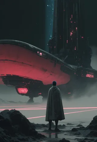 A dark cyberpunk scene featuring a lone figure in a space cloak standing before a large alien spaceship docked at a towering black structure, illuminated by red lights and laser beams in a foggy landscape beneath a deep blue starry sky.
