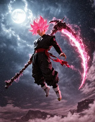 A photorealistic image of Goku Black in Super Saiyan Rosé form levitating in a stormy night sky with pink glowing spiky hair, holding a crackling pink energy scythe, wearing a black gi with a red sash and white boots.