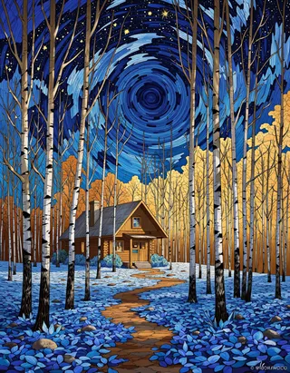 Digital stained glass style illustration of a cozy cabin nestled in a forest of tall, thin aspen trees with bare branches, surrounded by blue leaves on the ground and a swirling starry night sky above.