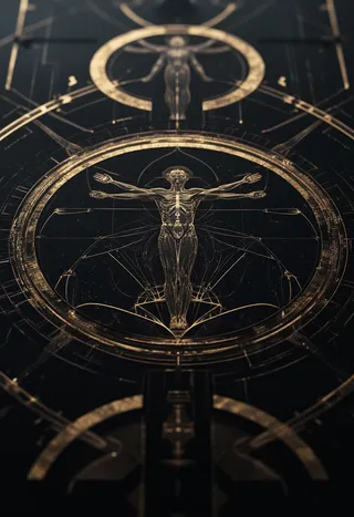 Detailed gold lineart illustration of the Vitruvian Man in the style of Leonardo da Vinci diagrams on a black background, with a cyberpunk and ancient masterpiece aesthetic.