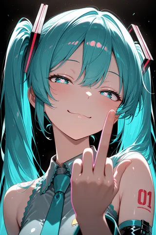 Hatsune Miku with teal twin tails and a smug expression holding up a glowing neon middle finger against a black background